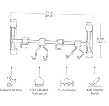 Porte-manteau de porte en acier galvanisé, 74 cm de large et 31 cm de haut, avec une finition anti-rayures, personnalisable pour économiser de l'espace.