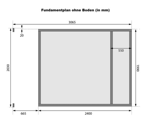 Plan de fondation sans sol avec indications de dimensions en millimètres
