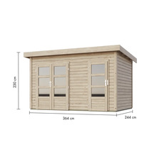 Abri de jardin en bois avec deux portes vitrées et indication des dimensions