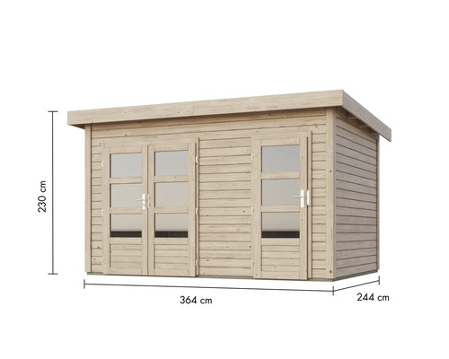Abri de jardin en bois avec deux portes vitrées et indication des dimensions