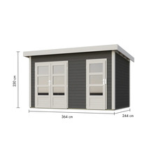 Abri de jardin avec double porte et porte simple, dimensions 364 x 244 x 230 cm