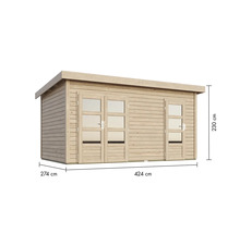 Gartenhaus aus Holz mit zwei Türen und den Maßen 274 cm x 424 cm x 230 cm