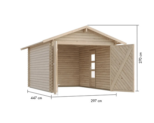 Garage en bois avec porte et indications de taille