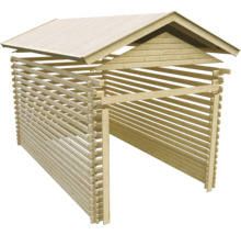 Garage en bois avec parois à lamelles et toit à deux pans