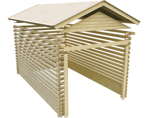 Garage en bois avec parois à lamelles et toit à deux pans