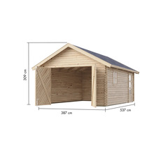 Garage en bois avec porte double et fenêtre, dimensions 387 x 537 x 309 cm