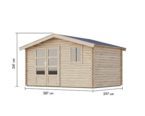 Abri de jardin en bois avec fenêtre et double porte, dimensions 387 x 297 x 241 cm