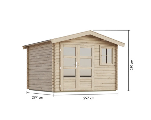 Abri de jardin en bois avec fenêtre et porte double, dimensions 297 sur 297 sur 239 centimètres