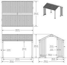 Schéma technique d'un abri avec indication des dimensions.