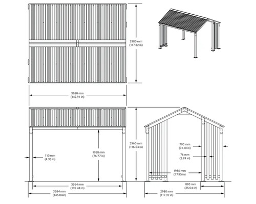 Schéma technique d'un abri avec indication des dimensions.