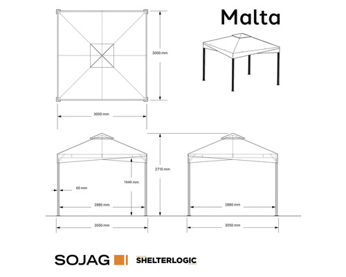 Schéma technique de la tonnelle Malta avec dimensions
