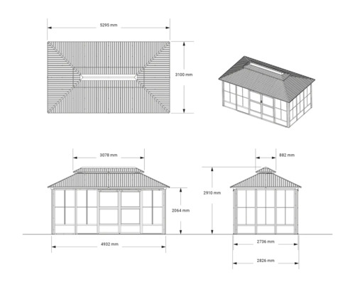Technische Zeichnung eines Pavillons mit Maßangaben