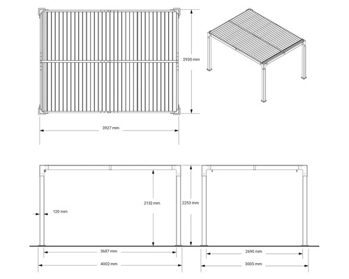Dessin technique d'une pergola avec dimensions
