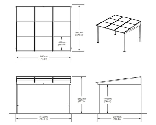 Dessin technique d'un toit de terrasse avec dimensions