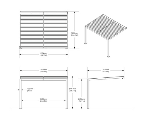 Dessin technique d'une pergola de jardin avec dimensions