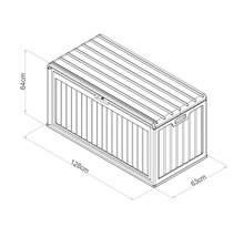 Image d'un coffre de jardin avec les dimensions suivantes : 64 cm de hauteur, 128 cm de largeur et 63 cm de profondeur.