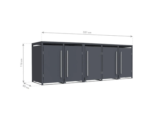 Mülltonnenbox mit den Maßen 331 cm Breite, 116 cm Höhe und 80 cm Tiefe.