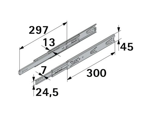 Zeichnung einer Schubladenschiene mit Maßangaben