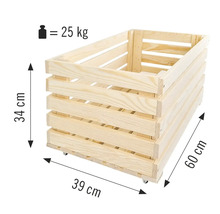 Caisse en bois avec des dimensions de 34 cm de hauteur, 39 cm de largeur et 60 cm de longueur, charge maximale de 25 kg