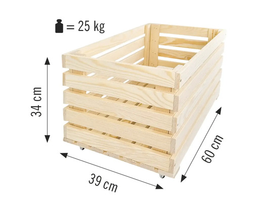 Caisse en bois avec des dimensions de 34 cm de hauteur, 39 cm de largeur et 60 cm de longueur, charge maximale de 25 kg