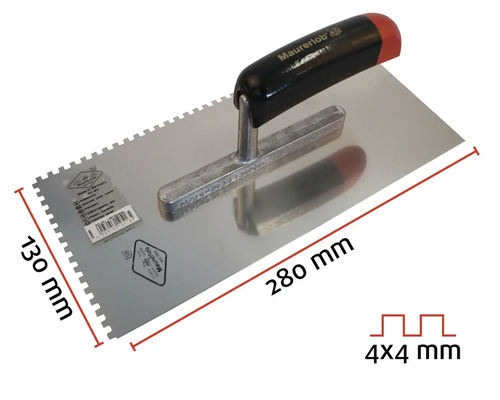 Spatule dentée mesurant 280 mm sur 130 mm, avec denture de 4 mm sur 4 mm.