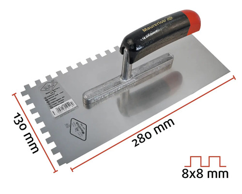 Spatule dentée de dimensions 280 x 130 millimètres et denture de 8 x 8 millimètres