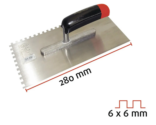 Spatule dentée avec une longueur de lame de 280 mm et une denture de 6 x 6 mm.