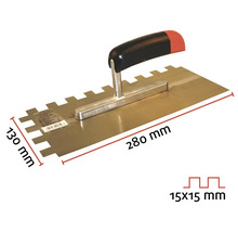 Spatule à colle à carrelage de 280 sur 130 millimètres avec denture de 15 sur 15 millimètres.