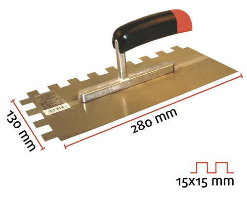 Spatule à colle à carrelage de 280 sur 130 millimètres avec denture de 15 sur 15 millimètres.