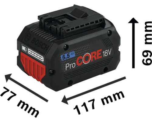 Bosch ProCORE 18V 5.5Ah Akkupack mit Abmessungsangaben