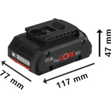 Bosch ProCore 18V 4.0 Ah Akku mit den Maßen 77 mm x 117 mm x 47 mm