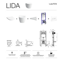 Laufen Lida WC suspendu à fond creux avec élément de montage et plaque de commande, dessins techniques et symboles