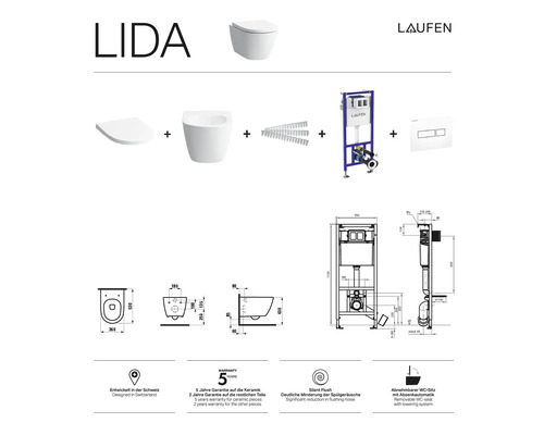 Laufen Lida WC suspendu à fond creux avec élément de montage et plaque de commande, dessins techniques et symboles