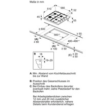Technische Zeichnung eines Kochfelds mit Maßangaben in Millimetern