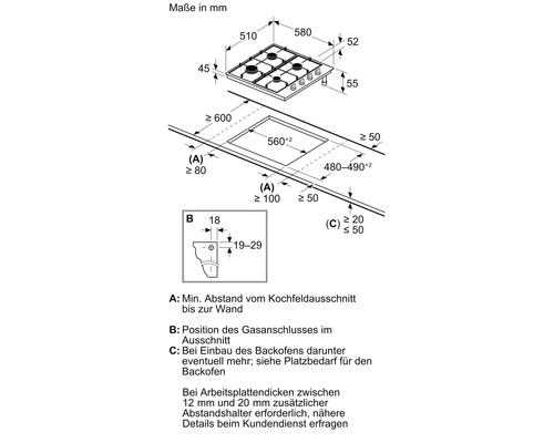 Technische Zeichnung eines Kochfelds mit Maßangaben in Millimetern