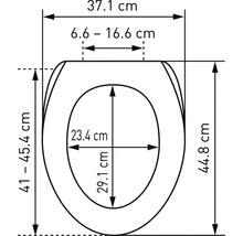 Technische Zeichnung eines WC-Sitzes mit Maßangaben in Zentimetern