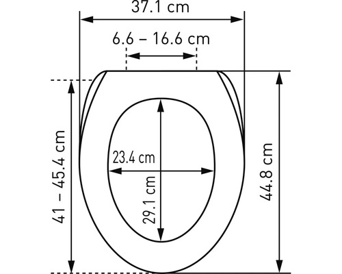 Technische Zeichnung eines WC-Sitzes mit Maßangaben in Zentimetern