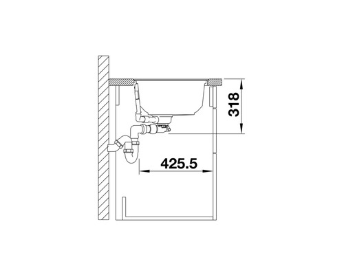 Technische Zeichnung einer Spüle mit Abmessungen.