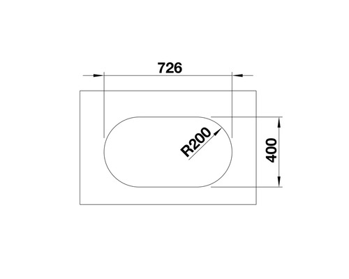 Technische Zeichnung einer Badewanne mit den Maßen 726 und 400 sowie einem Radius von 200