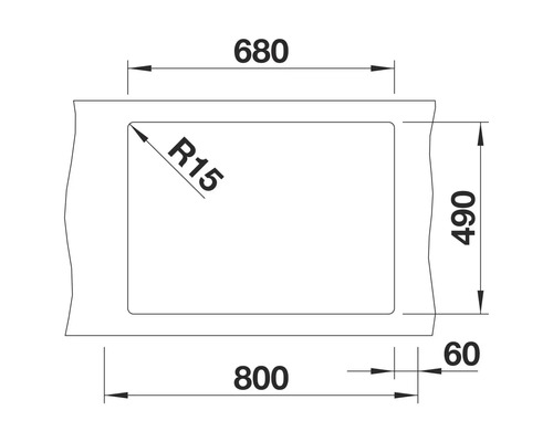 Technische Zeichnung einer Duschwanne mit den Massen 800 x 680 x 490 mm und einem Radius von 15 mm