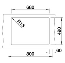 Technische Zeichnung einer Duschwanne mit den Massen 800 x 680 x 490 mm und einem Radius von 15 mm