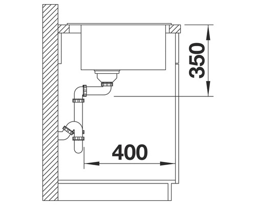 Technische Zeichnung einer Spüle mit Abfluss und Maßangaben