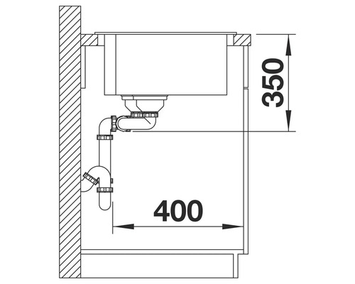 Technische Zeichnung eines Spülbeckens mit Abmessungen 350 und 400.