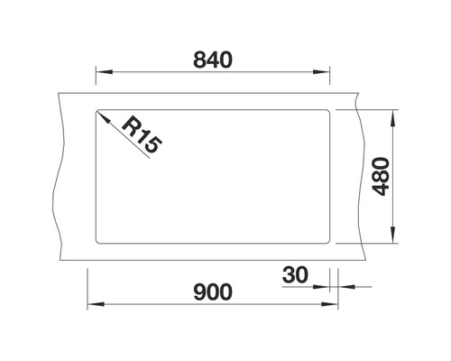 Technische Zeichnung eines rechteckigen Waschbeckens mit den Maßen 900 x 480 mm