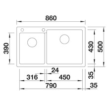 Skizze einer Spüle mit Maßen