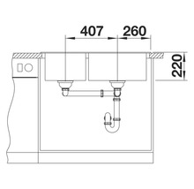 Technische Zeichnung einer Spüle mit Maßangaben