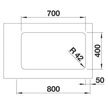 Schéma technique d'un objet rectangulaire mesurant 700 x 800 x 400 x 50 et d'un rayon de 42.
