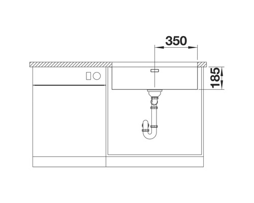 Schéma d'un évier de cuisine avec des dimensions de 350 x 185 millimètres