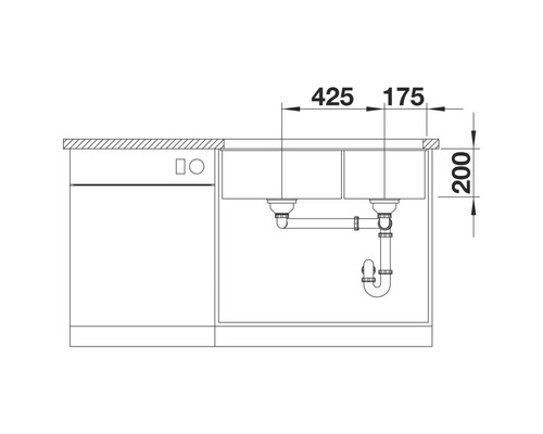 Technische Zeichnung einer Spüle mit Abmessungen