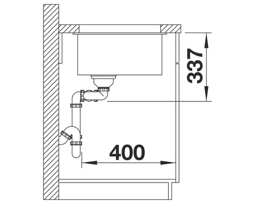 Technische Zeichnung einer Spüle mit Abmessungen 337 und 400
